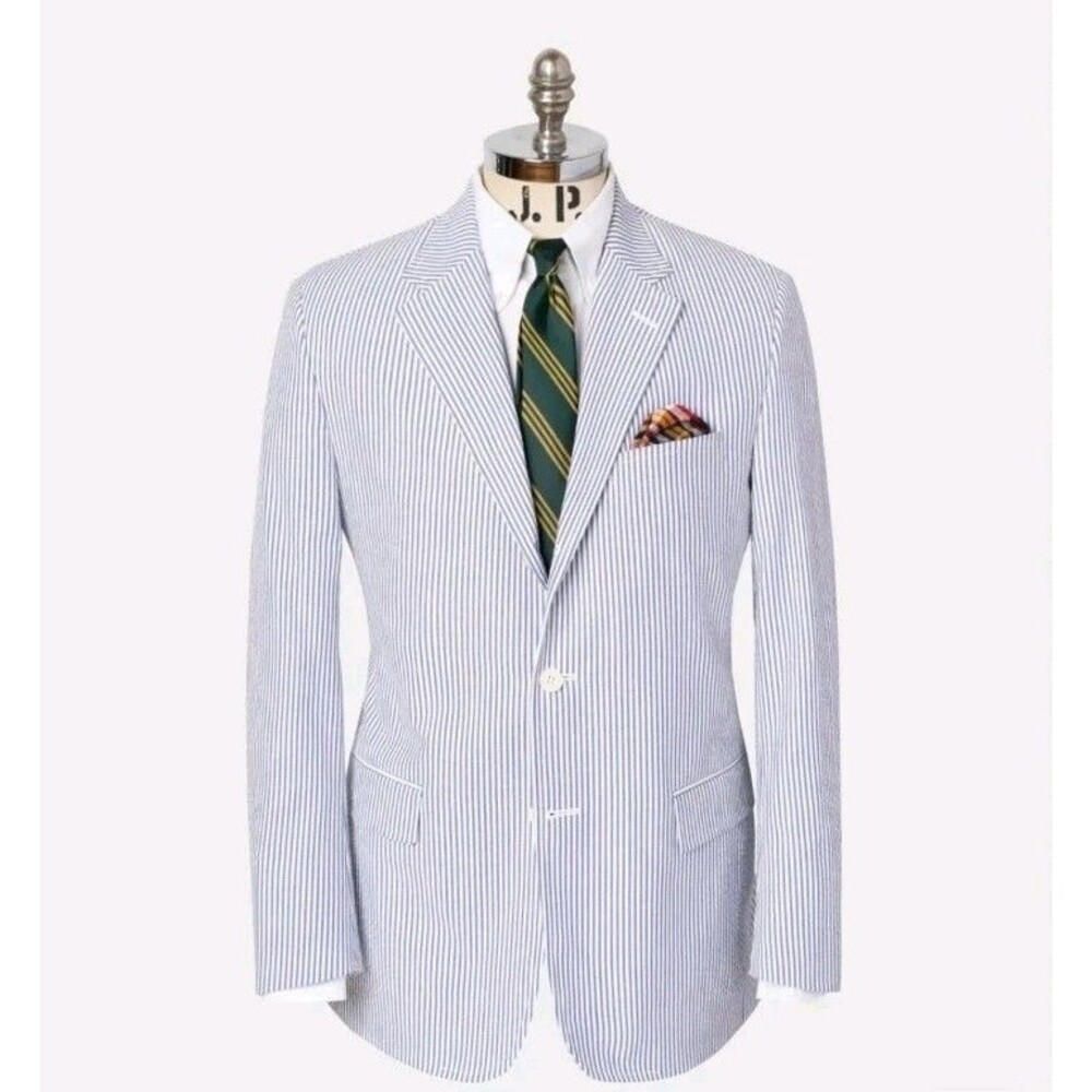 Seersucker‎ Sportscoat Jacket J G Hook St Louis New York 43R Cotton Blue & White